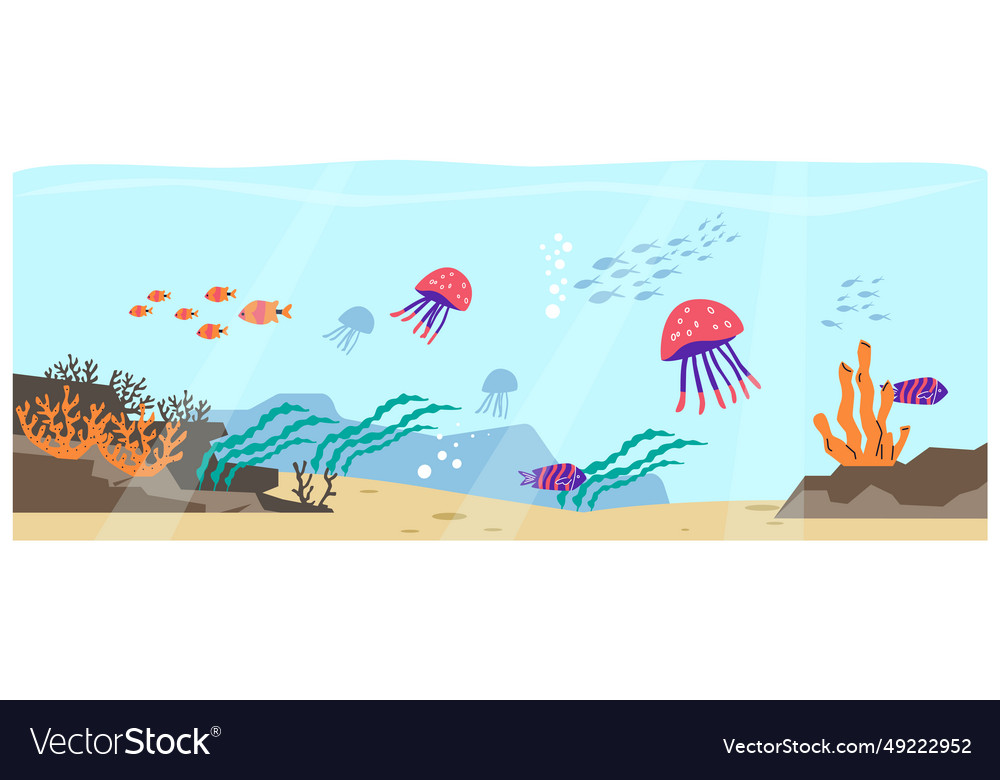 Underwater landscape with swimming jellyfishes