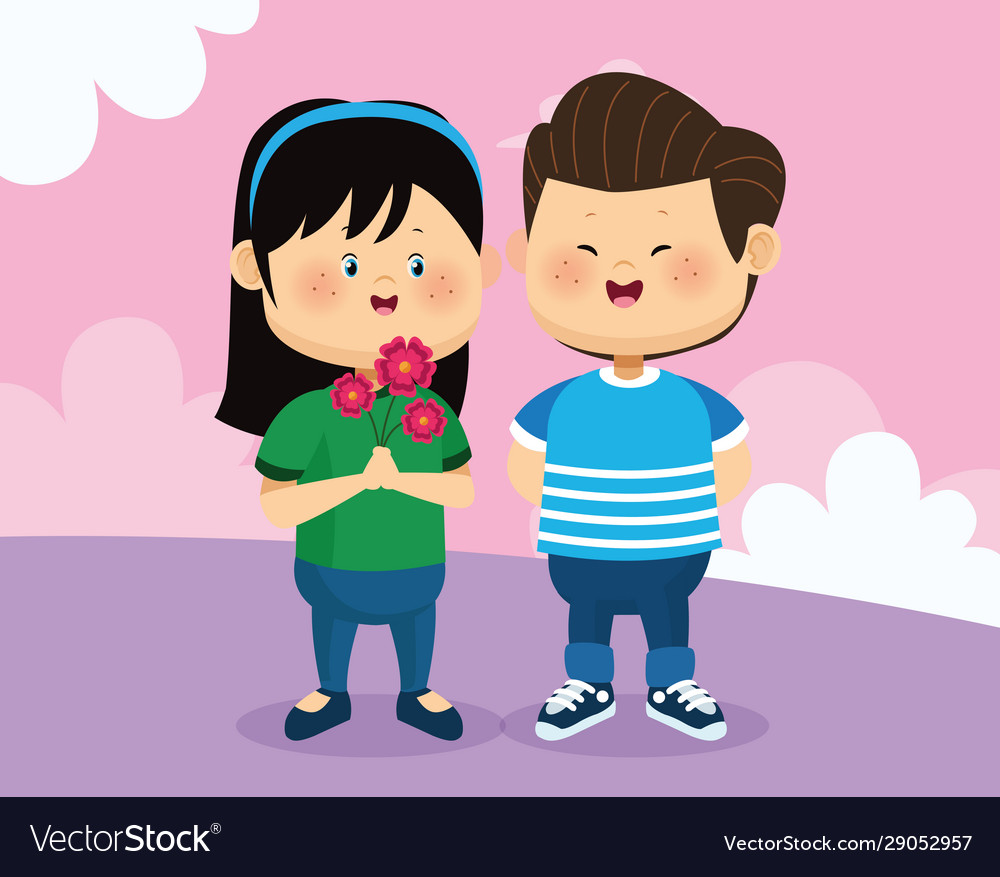 Cartoon happy boy and girl with flowers colorful Vector Image