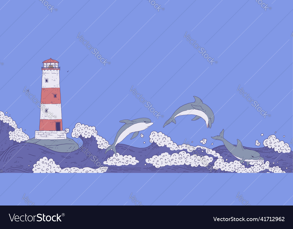 Dolphins jumping and lighthouse on rock among