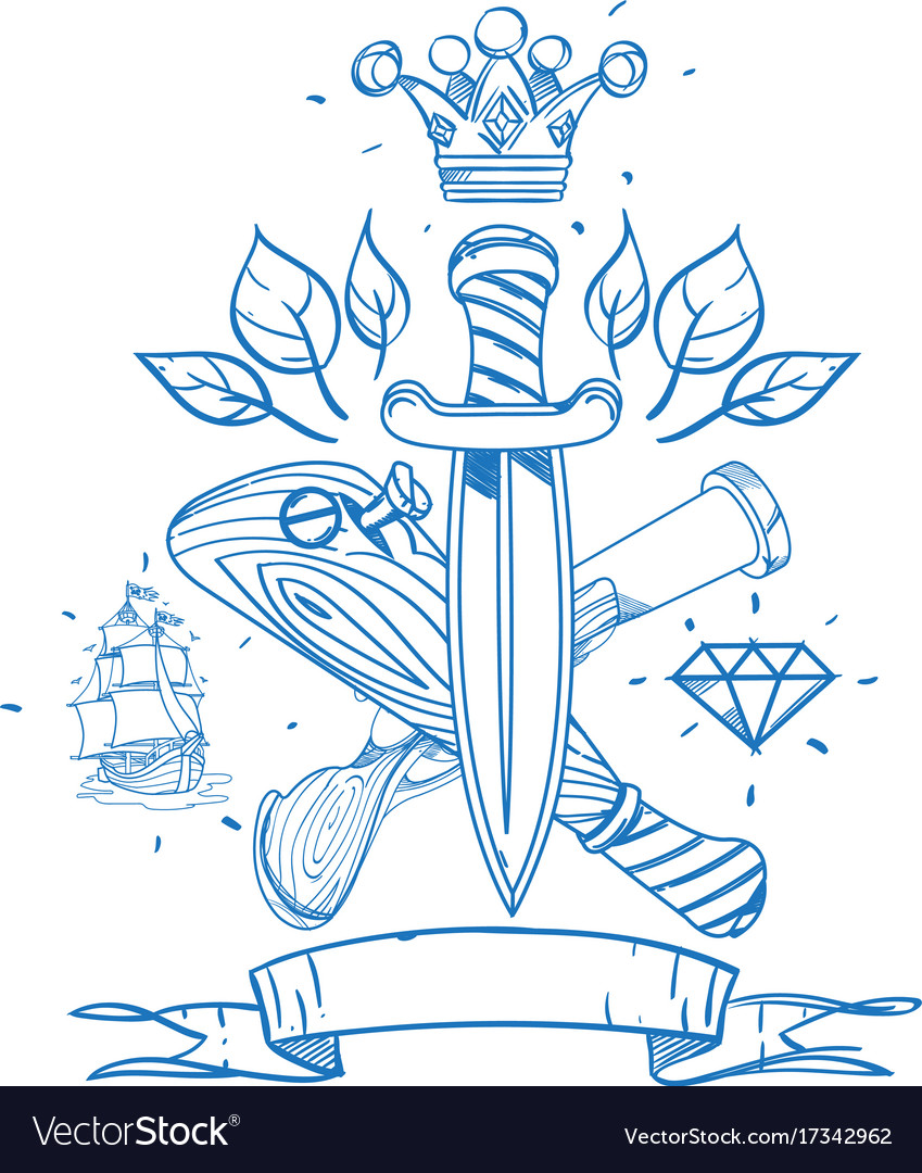 Sketch Tattoo With Daggers A Crown And A Vector Image