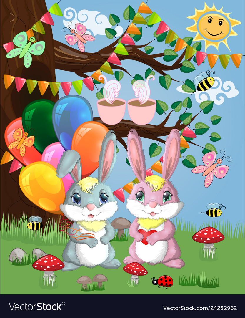 Two cute bunny with balls in a forest glade boy