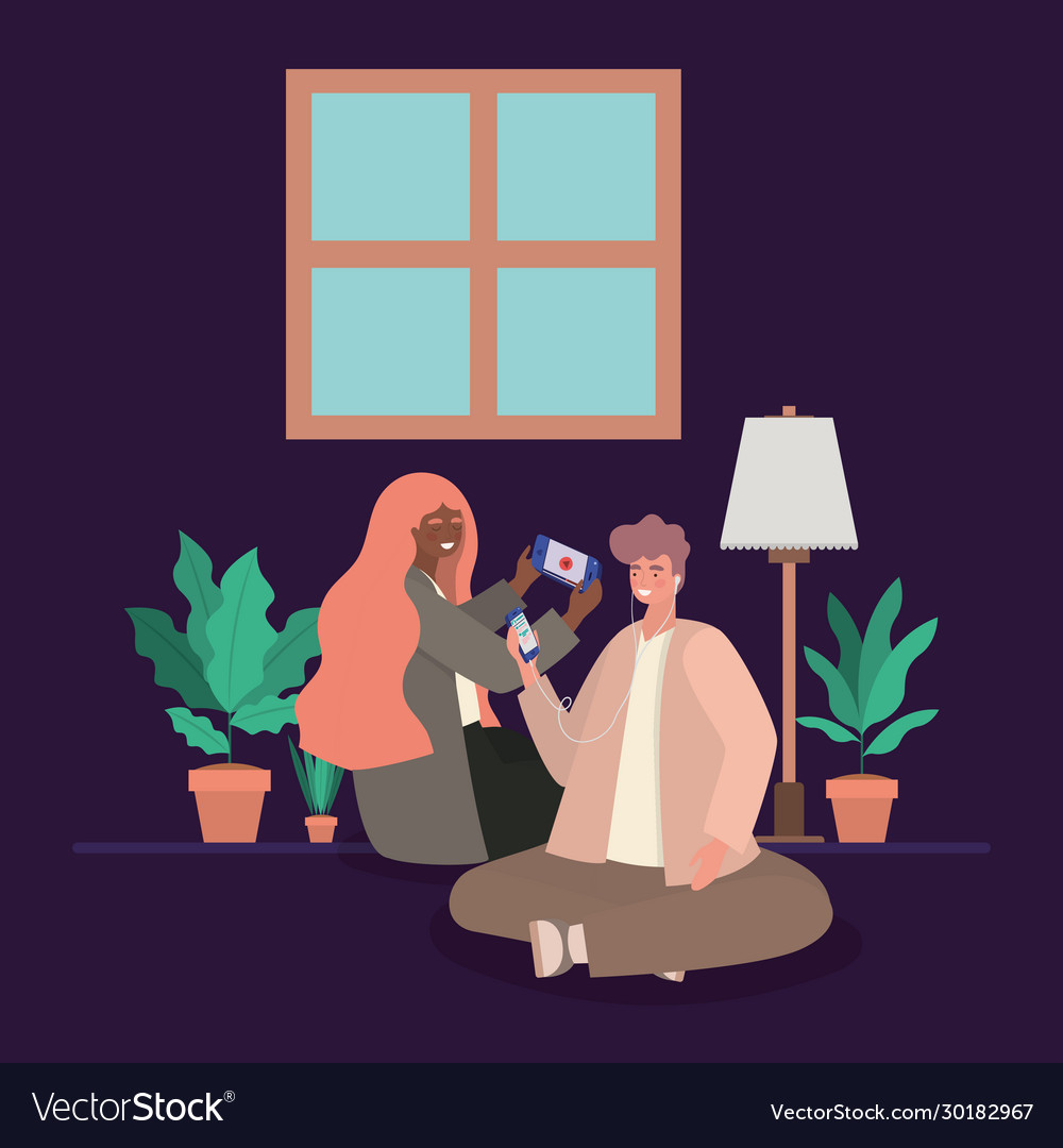 Girl and boy with smartphones at home Royalty Free Vector