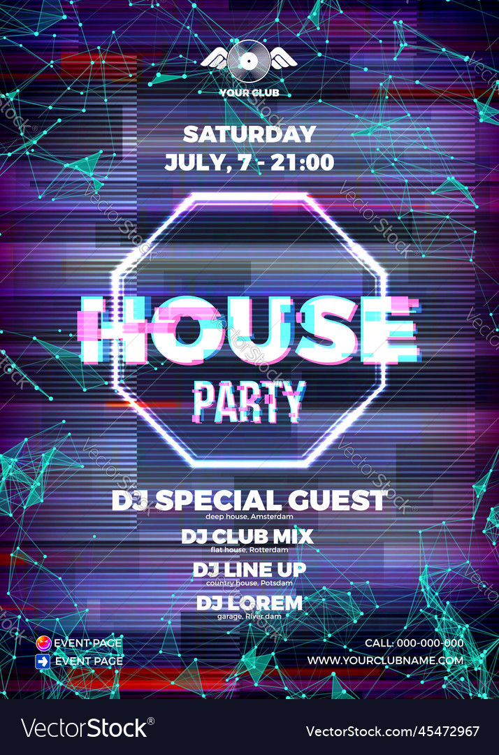 Glitch party poster with red background Royalty Free Vector