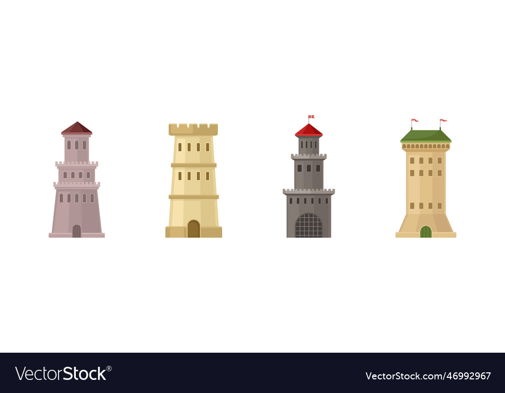 High stone towers with pointed roof and flag Vector Image