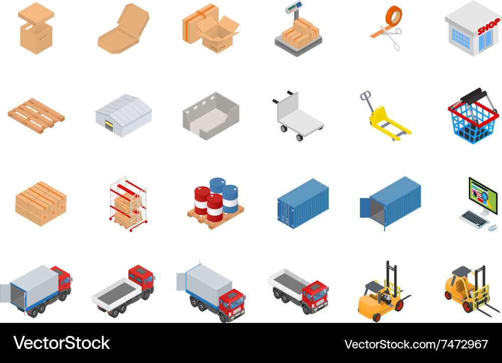 Isometric warehouse and logistics object set Vector Image