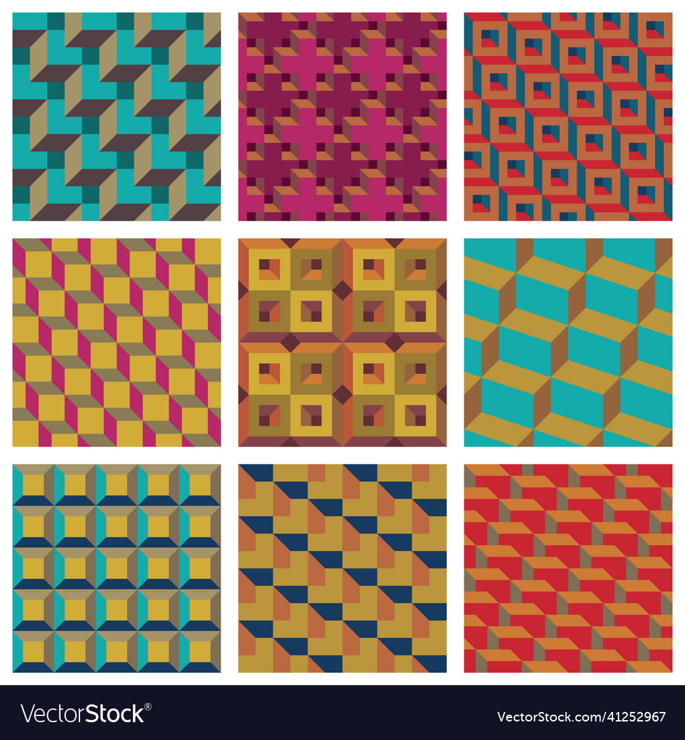 Set of 3d geometric seamless patterns Royalty Free Vector