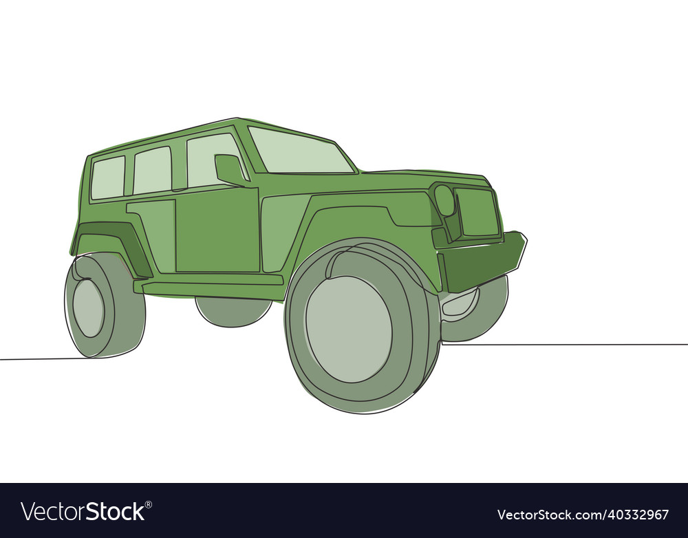 Single line drawing of tough 4x4 speed jeep Vector Image