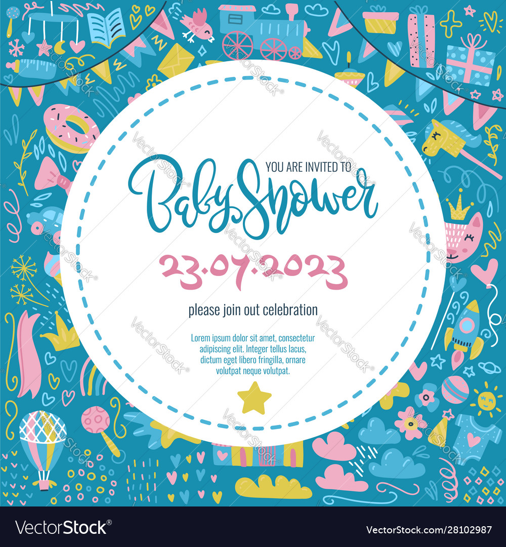 Beautiful baby boy shower card with toys vector image Beautiful baby boy shower card with toys