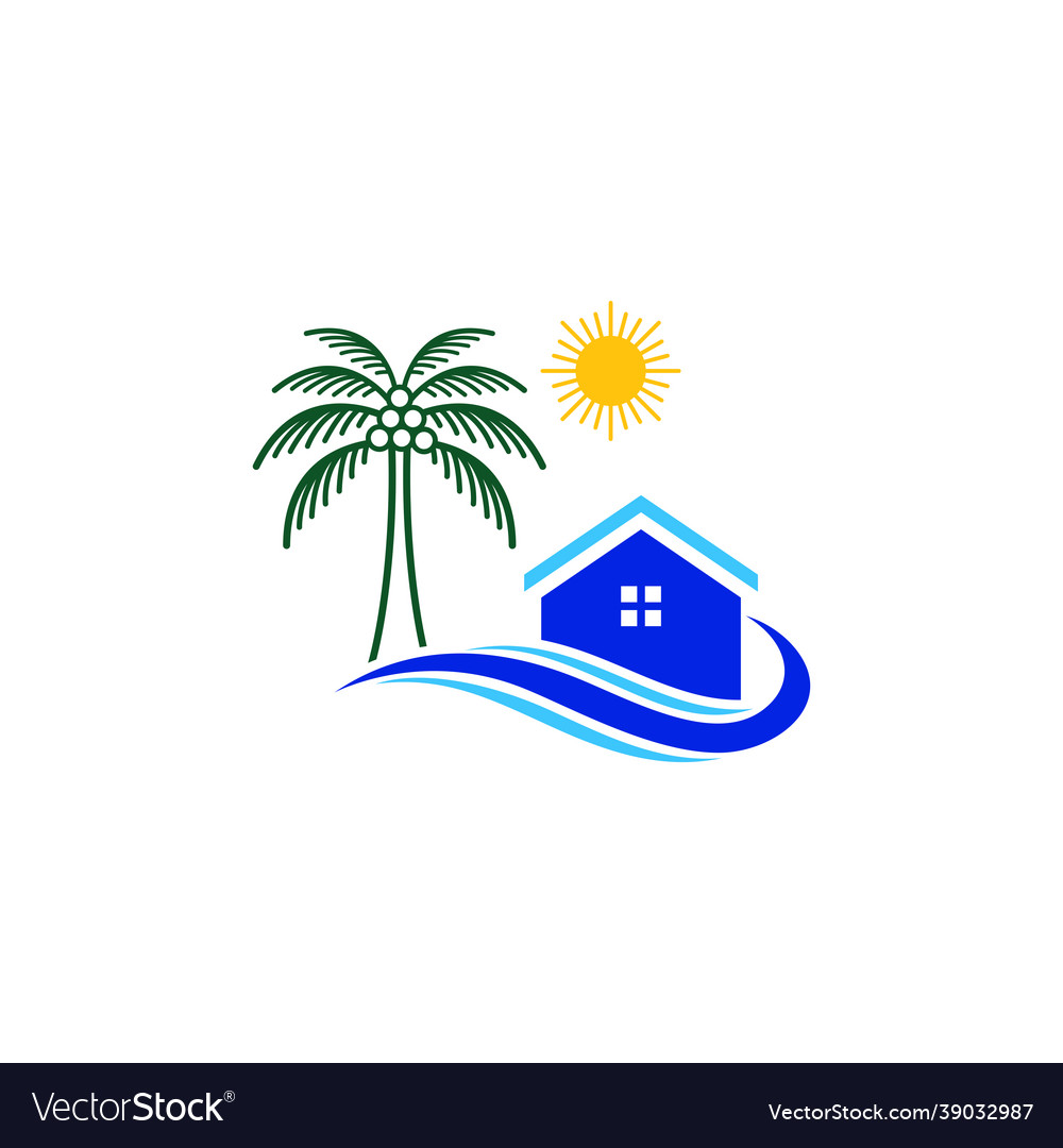 Palm house home sun sunny sunset wave logo d Vector Image