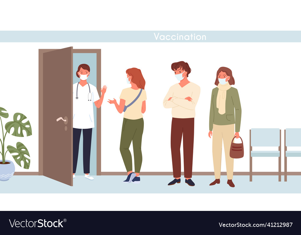 Vaccination queue people in mask waiting in line Vector Image