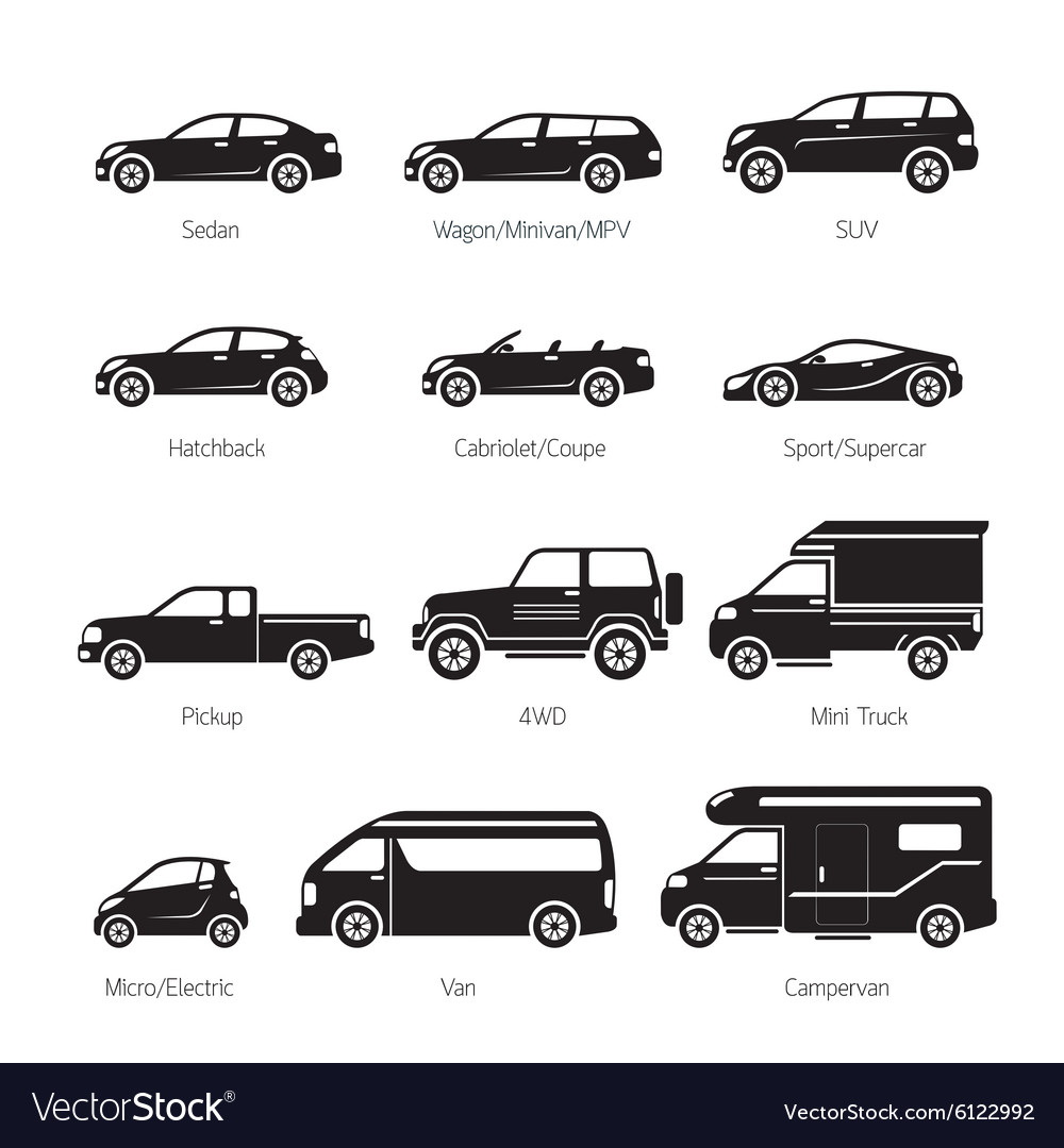 Car icon pack. All car types icon collection. Vehicle icons