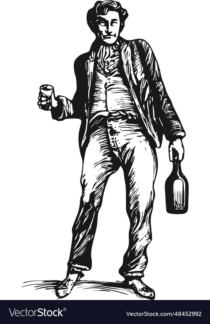 Drunk man in 19th century clothes black and white Vector Image