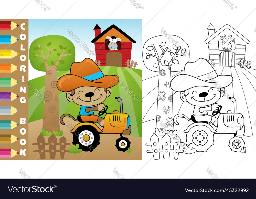 Farm elements with funny monkey driving tractor