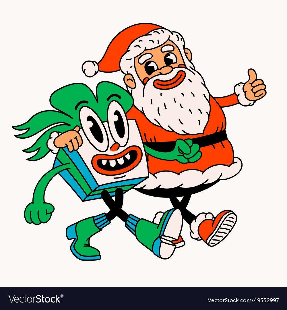 Retro cartoon claus and christmas gift groovy Vector Image