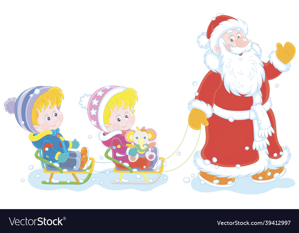 Santa claus sledding happy little kids