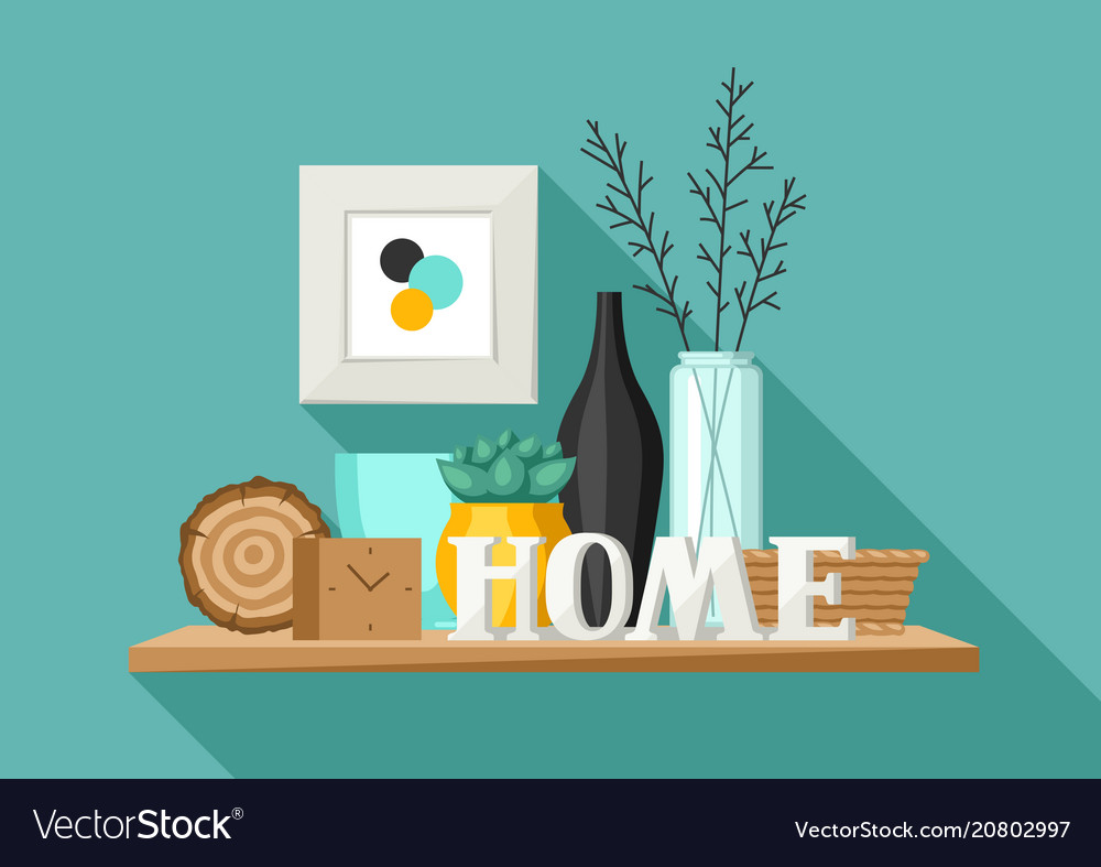 Shelf with home decor vase picture and plant