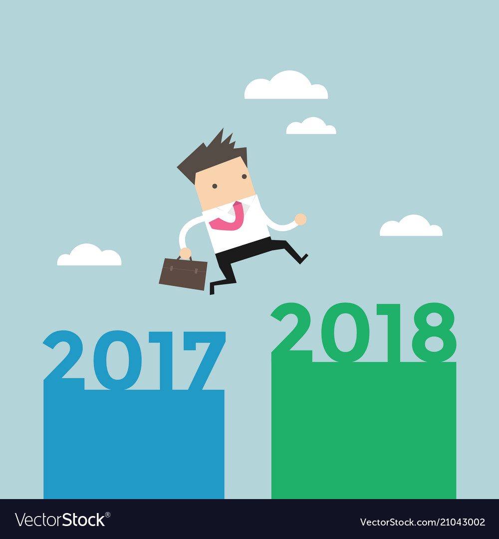 Businessman jump from 2017 to 2018