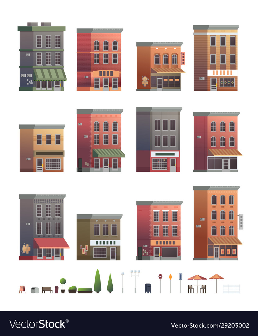 Downtown building set with shop or store isolated