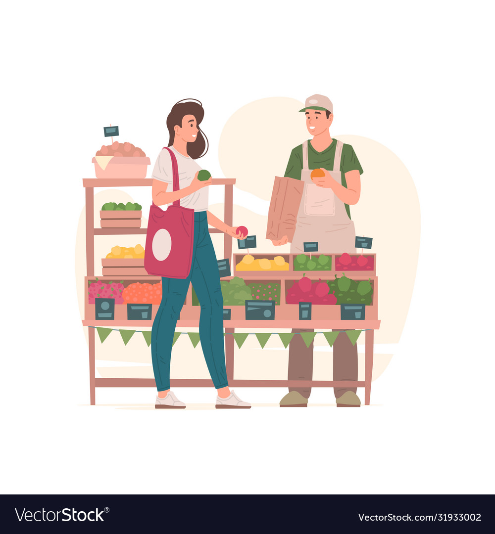 Woman buying groceries from man on market Vector Image