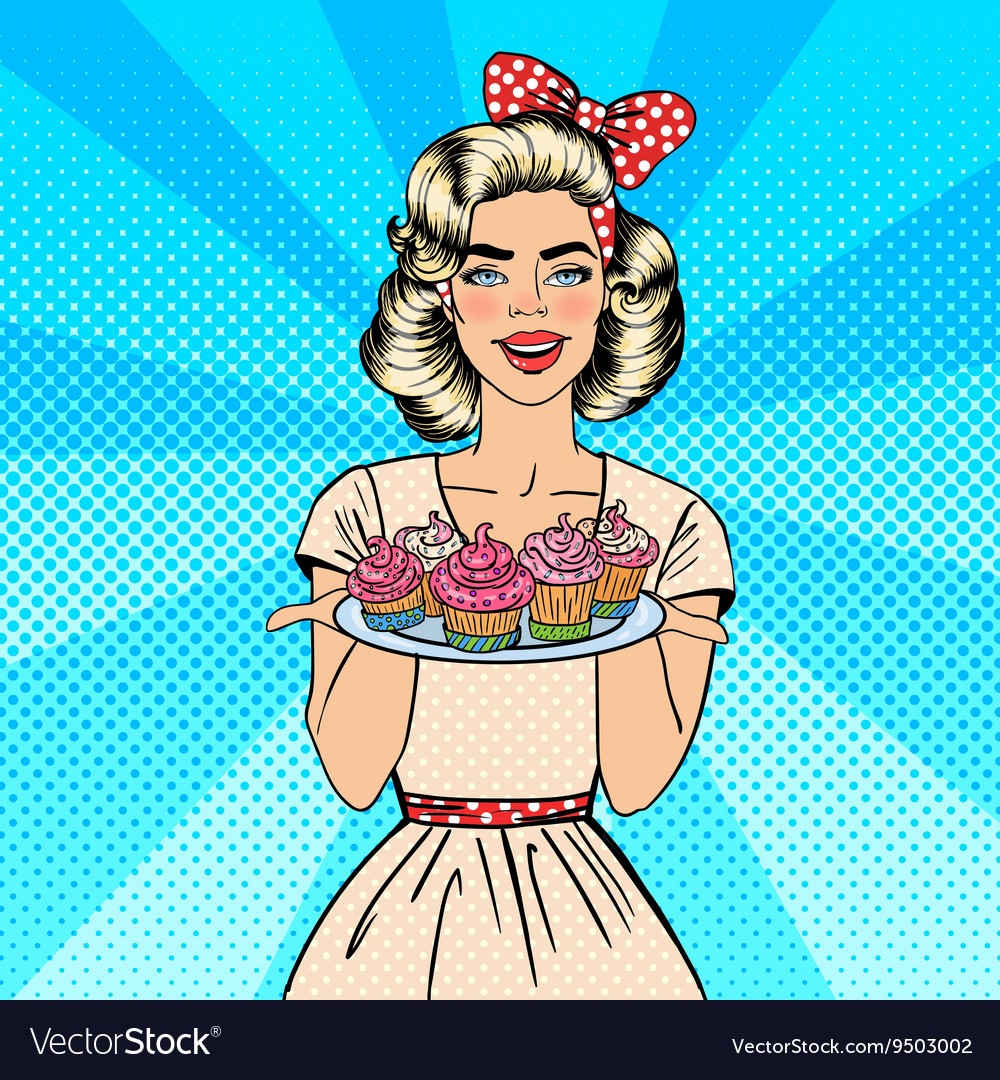 Young housewife holding plate with cupcakes