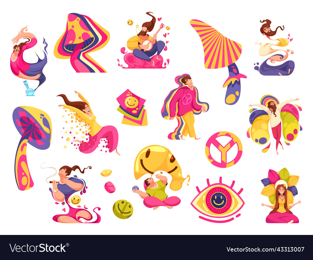 Hippie trippy mushroom set vector image Hippie trippy mushroom set