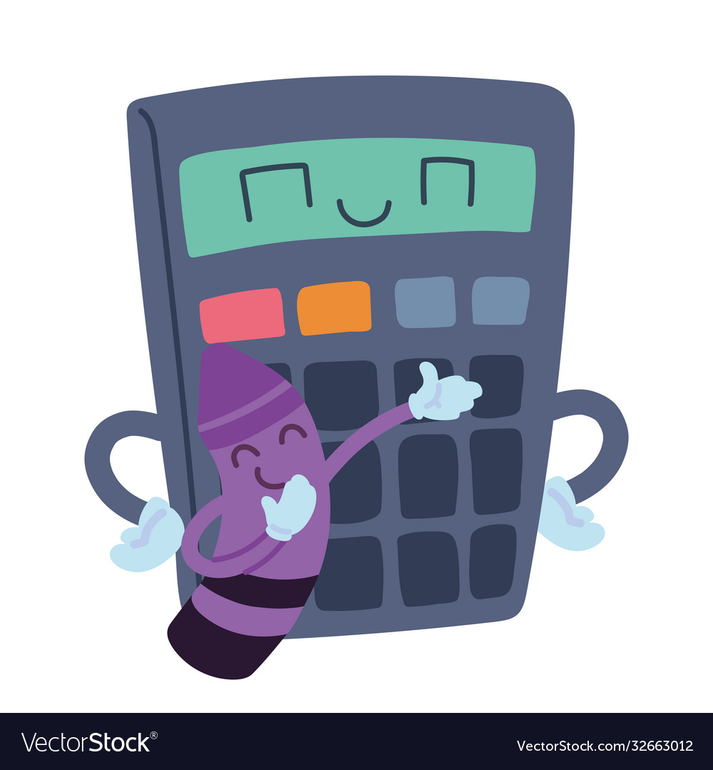 Calculator and crayon with happy face cartoon Vector Image