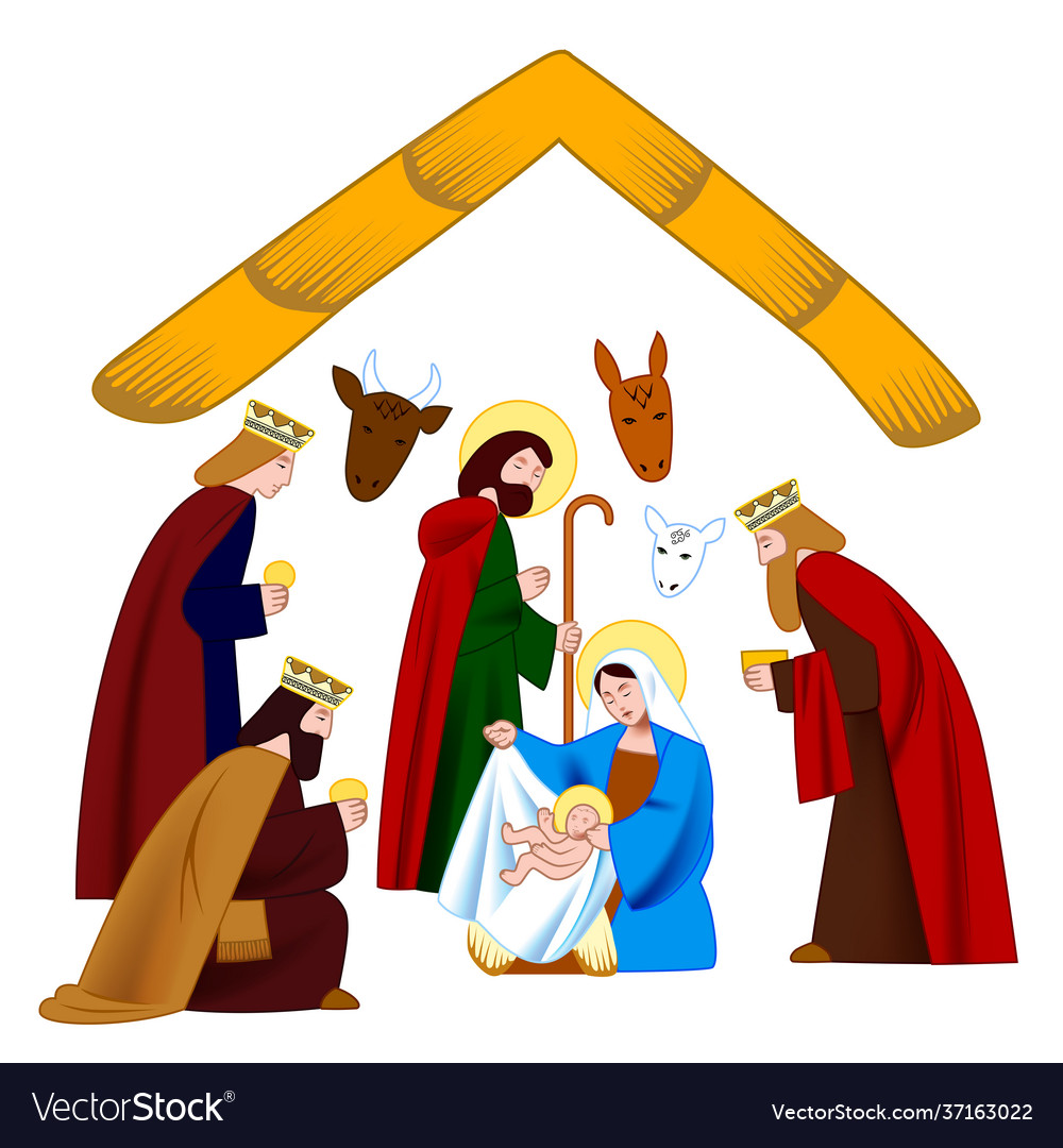 Characters scene nativity christ Royalty Free Vector Image