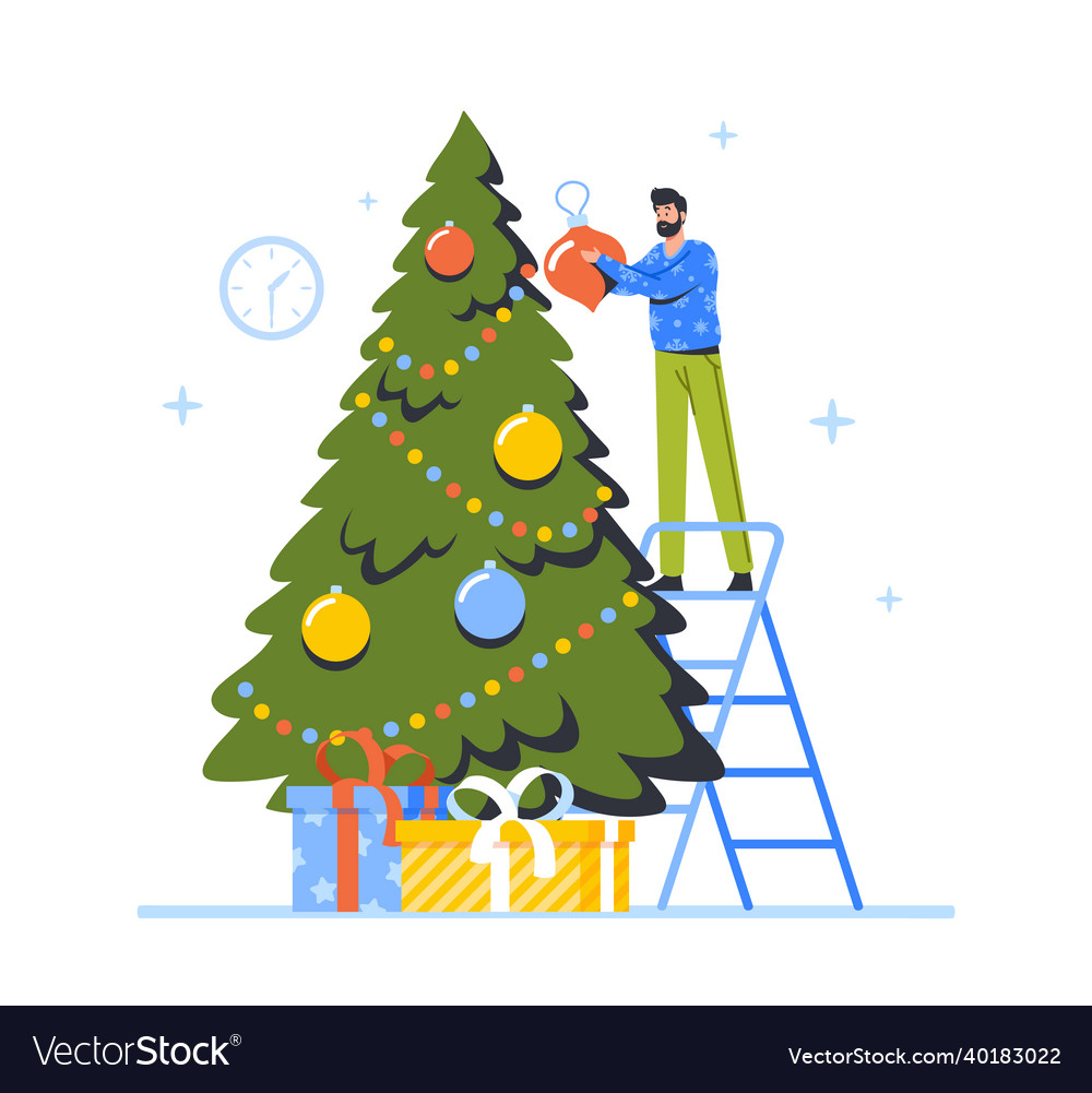 Happy character decorate christmas tree man stand Vector Image