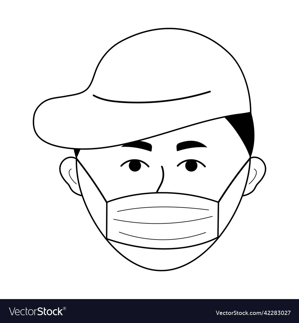 Junge Gesicht in einer Kappe mit medizinischer Maske doodle avatar