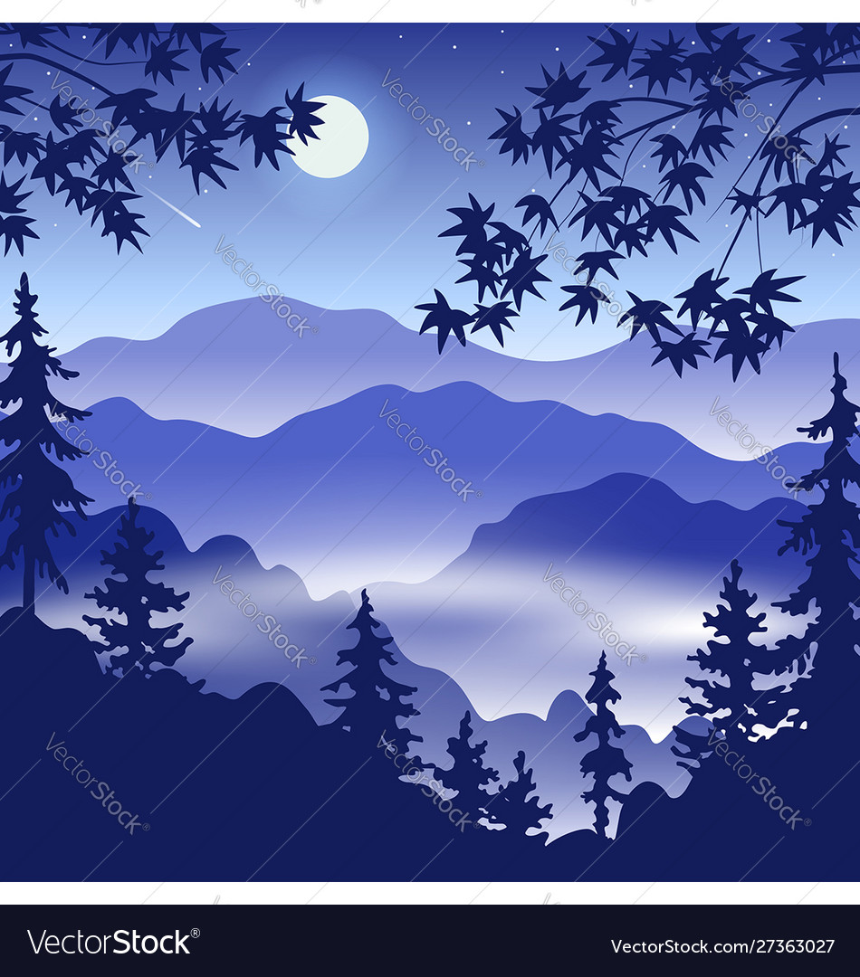Night Landscape With Mountains Full Moon And Trees