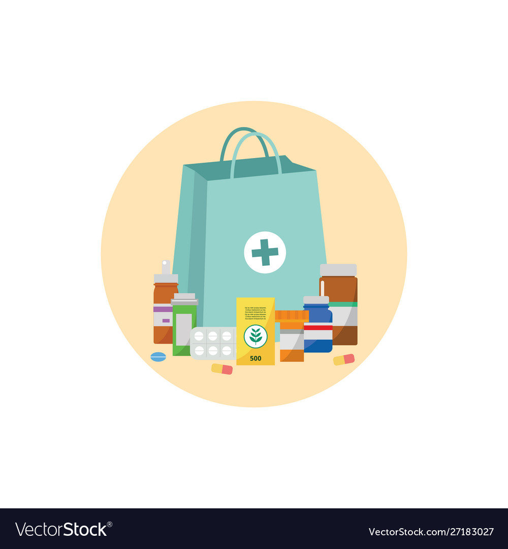 Pharmacy bag with pill bottles drug tablets