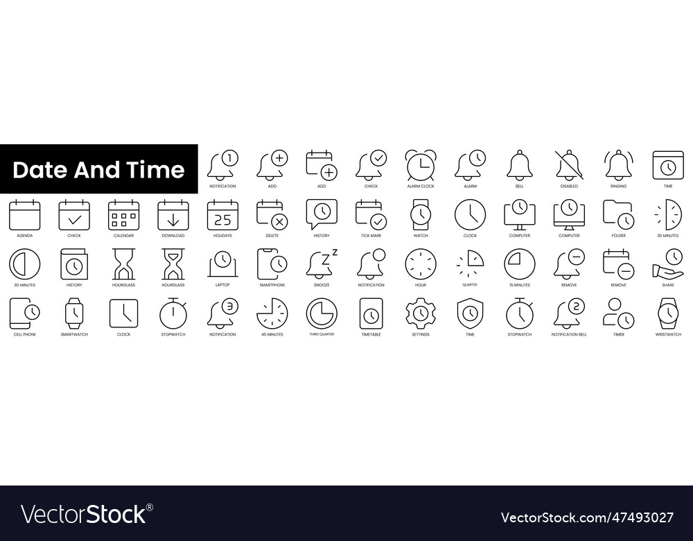 Set of outline date and time icons minimalist Vector Image