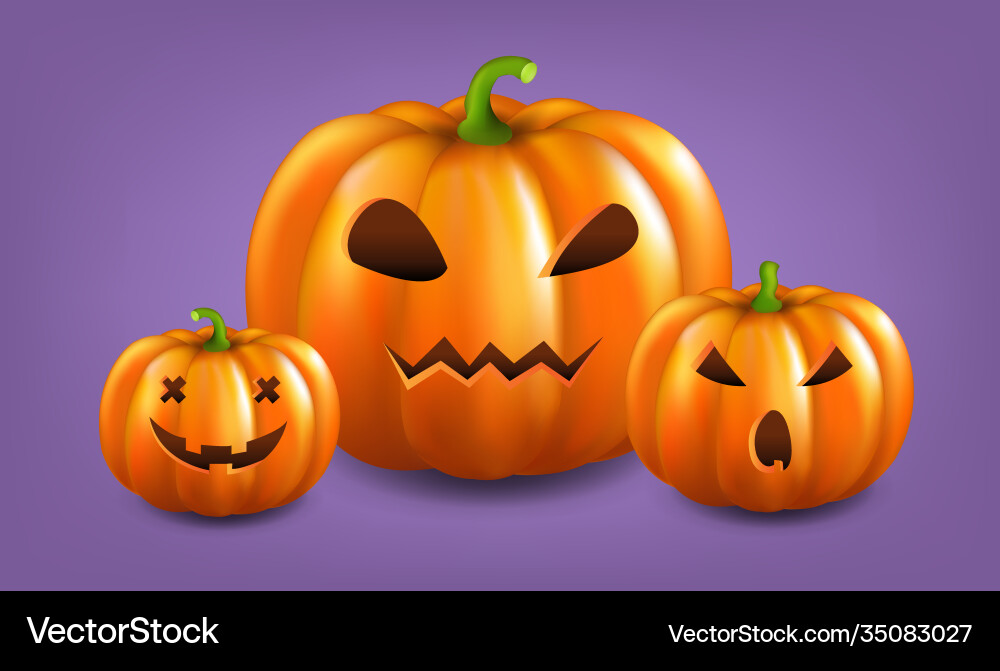 Three pumpkins isolated violet background Vector Image