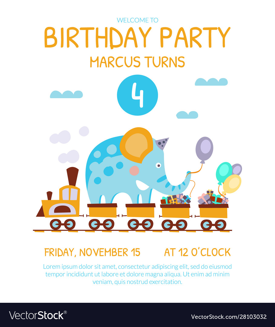 Birthday invitation card with cute funny elephant