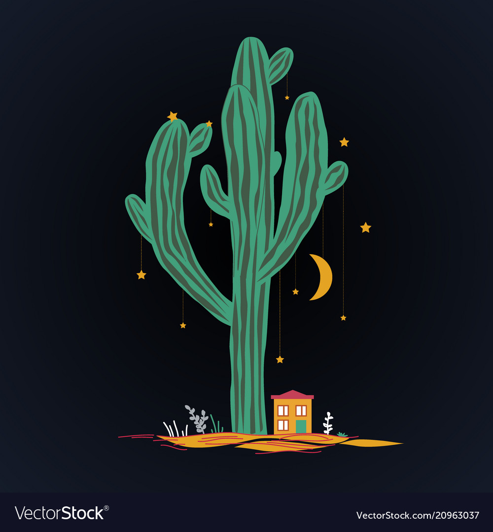 Cute cartoon with high saguaro cactus and liitle