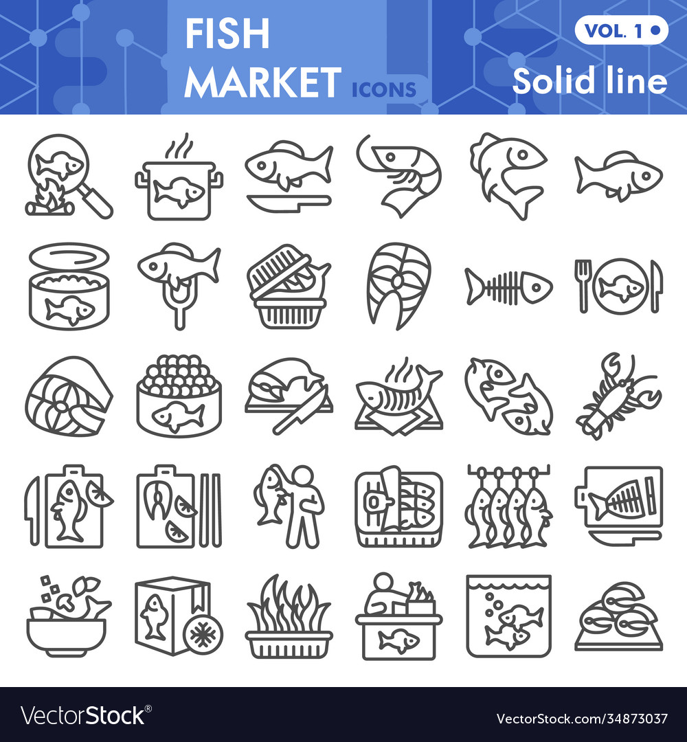 Fischmarkt Linie Icon gesetzt Meer Lebensmittel Symbole