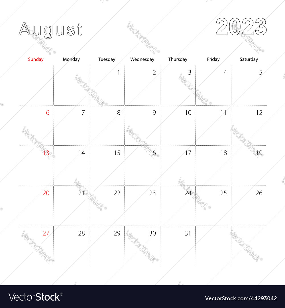 Simple wall calendar for august 2023 with dotted Vector Image