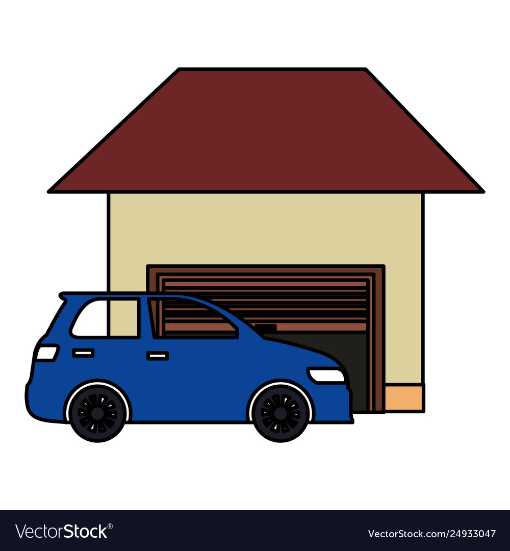 Car sedan vehicle with garage building Royalty Free Vector