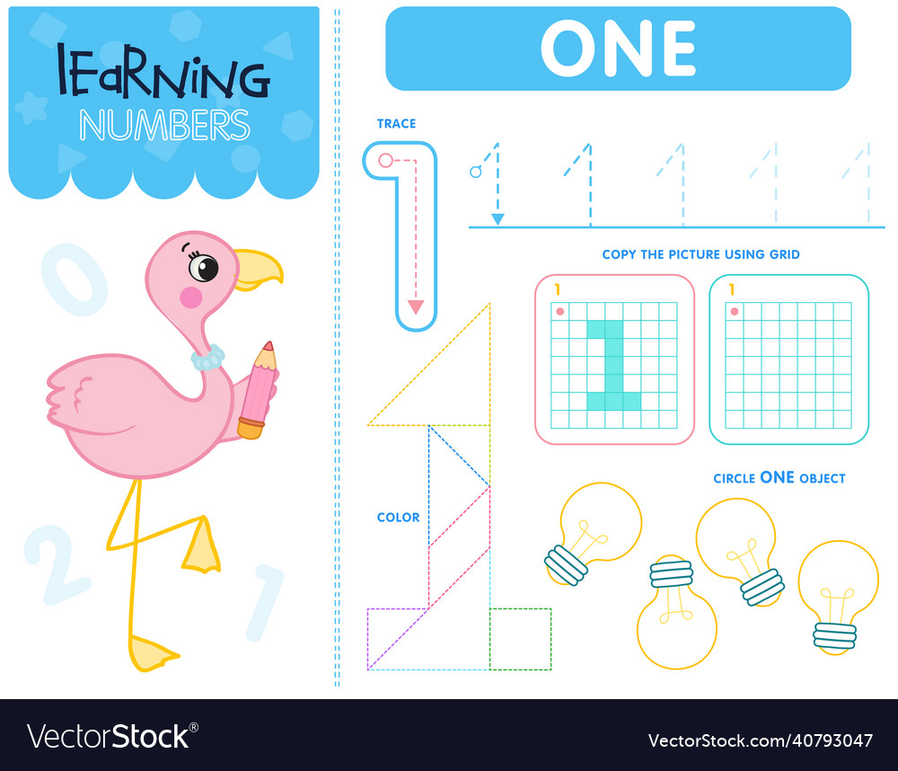 Worksheet for learning numbers number 1 kids Vector Image
