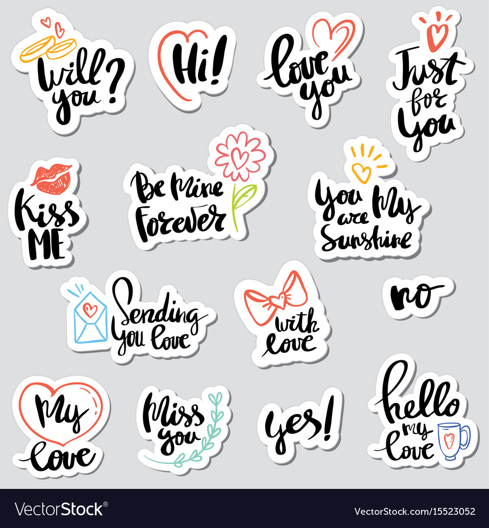 Set Stickers Calligraphy Love Design Royalty Free Vector