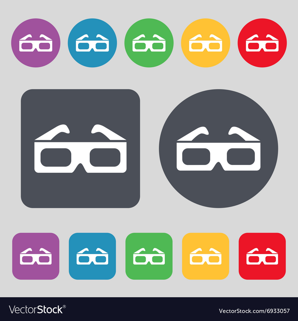 3d glasses icon sign a set of 12 colored buttons Vector Image