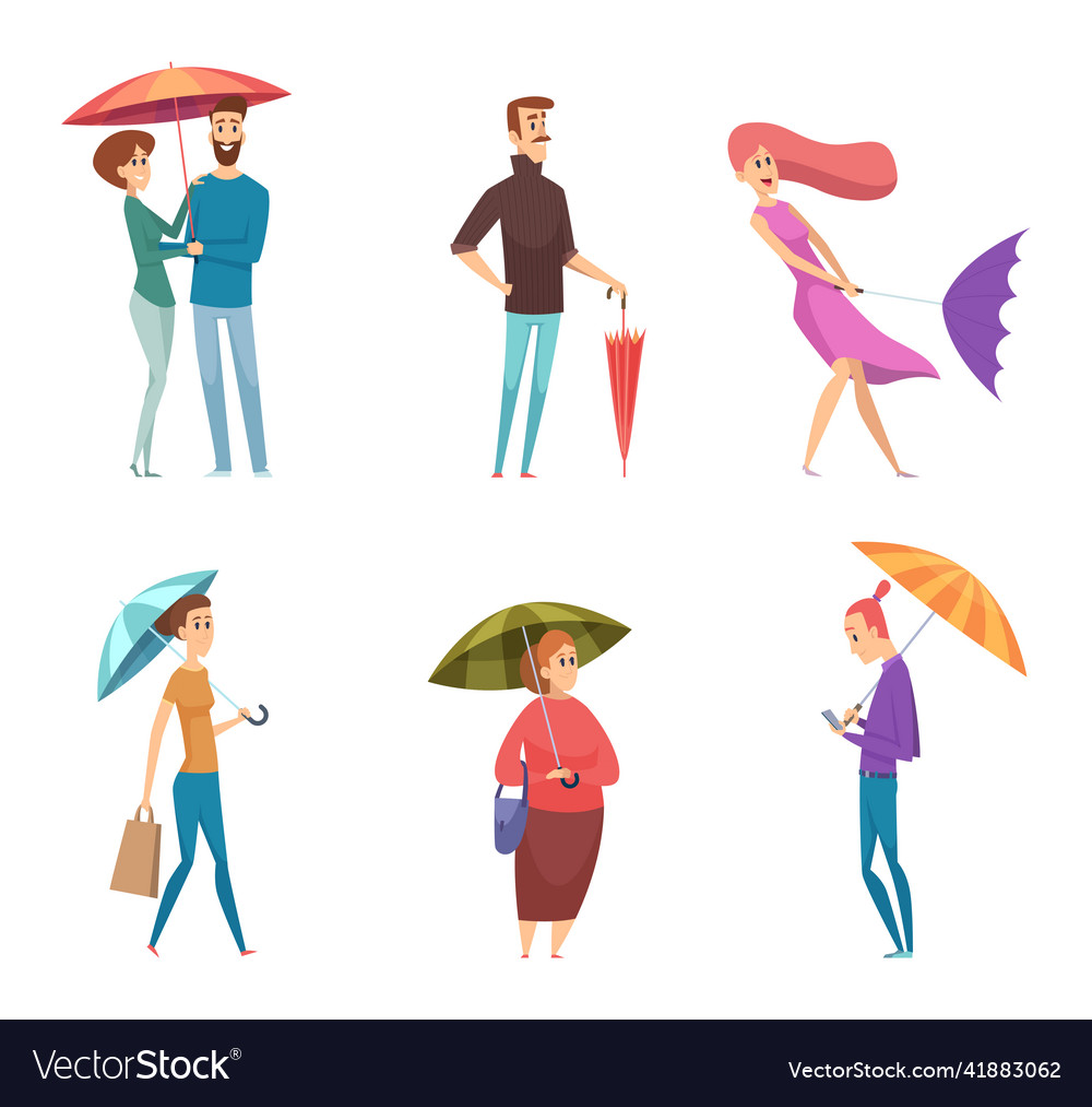 Umbrella people depressed characters in raining