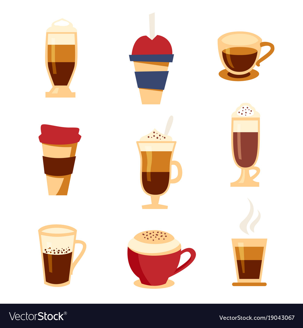 Coffee types icons set flat style beverages menu Vector Image