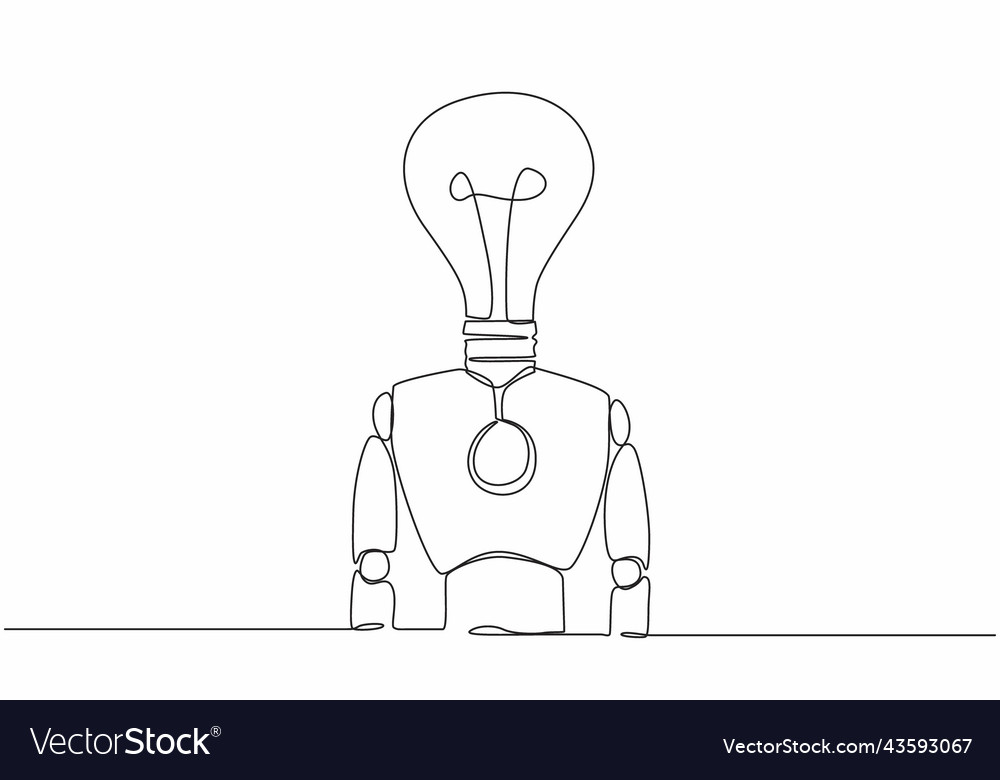 Single one line drawing robot with light bulb Vector Image