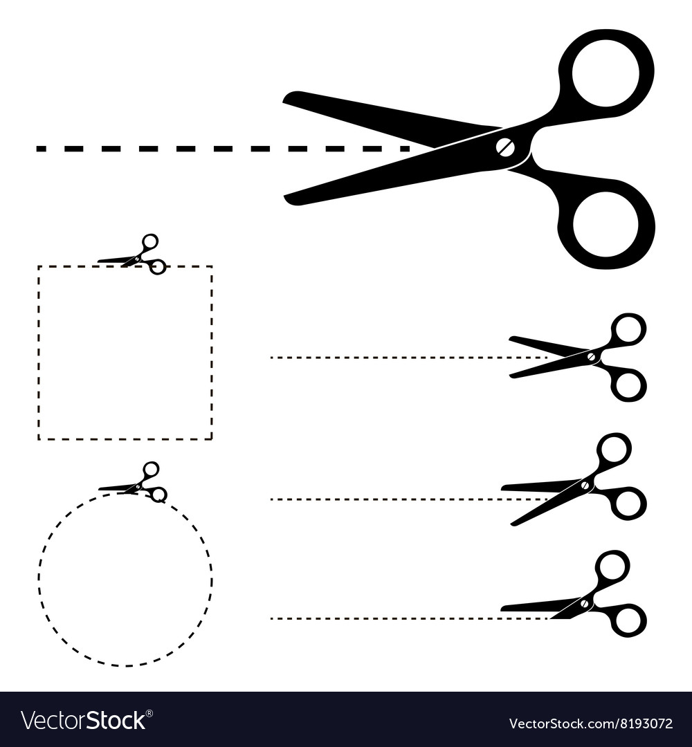 Scissors silhouette and cut lines set