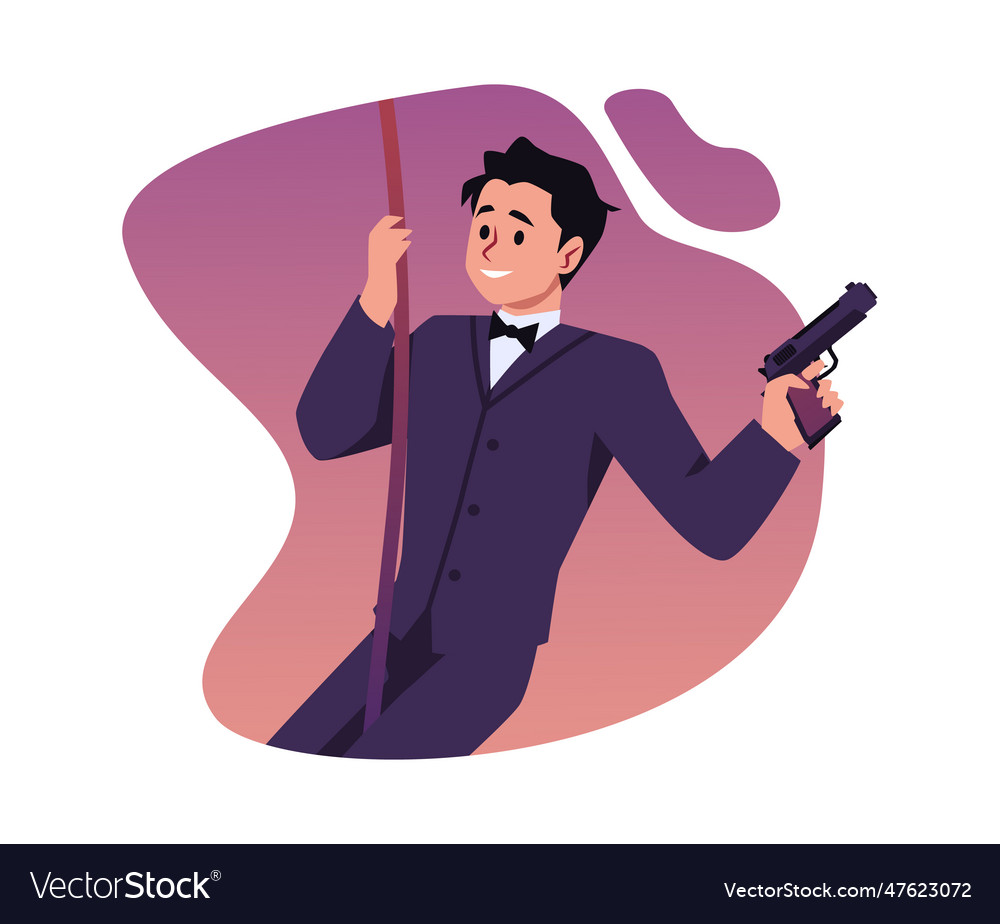 Smiling man in suit holding weapon and going down Vector Image