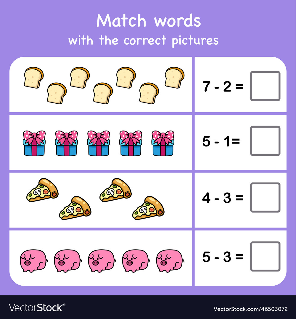 Subtract and match with pictures educational