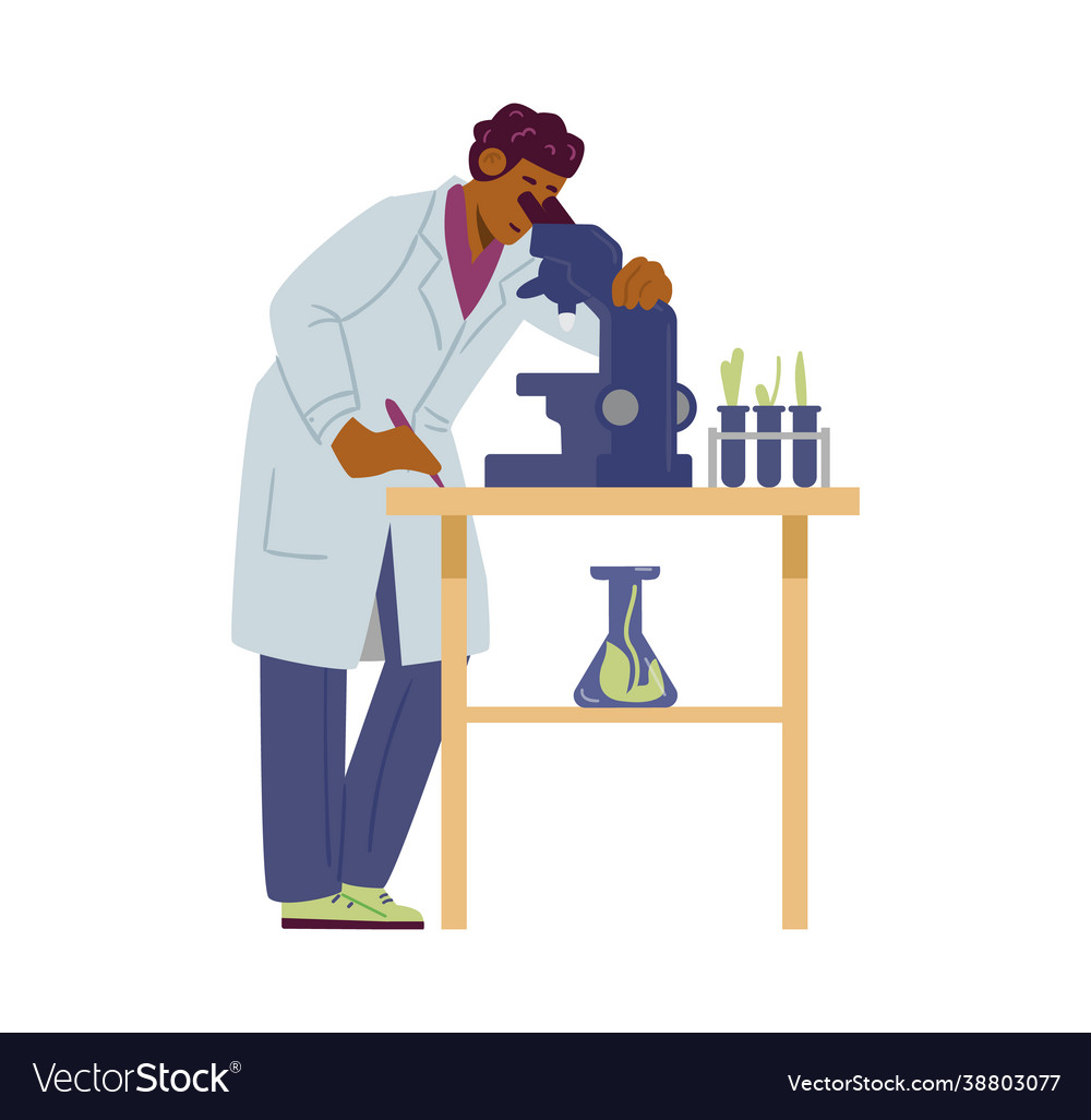 Bio laboratory worker watching microscope flat Vector Image
