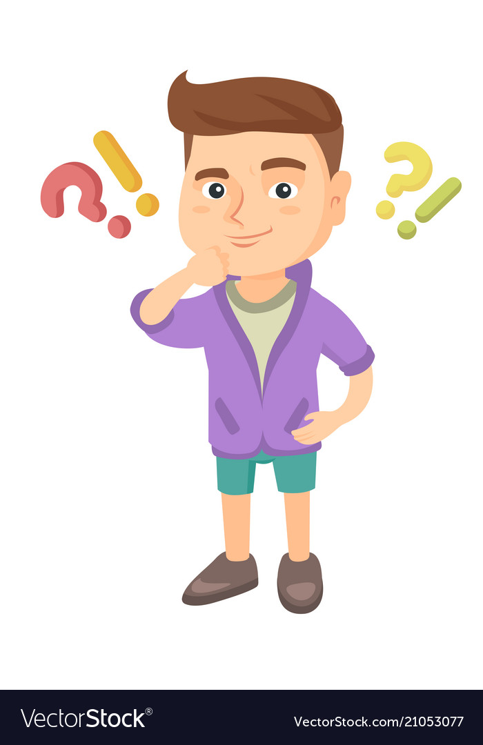 Boy standing under question and exclamation marks Vector Image