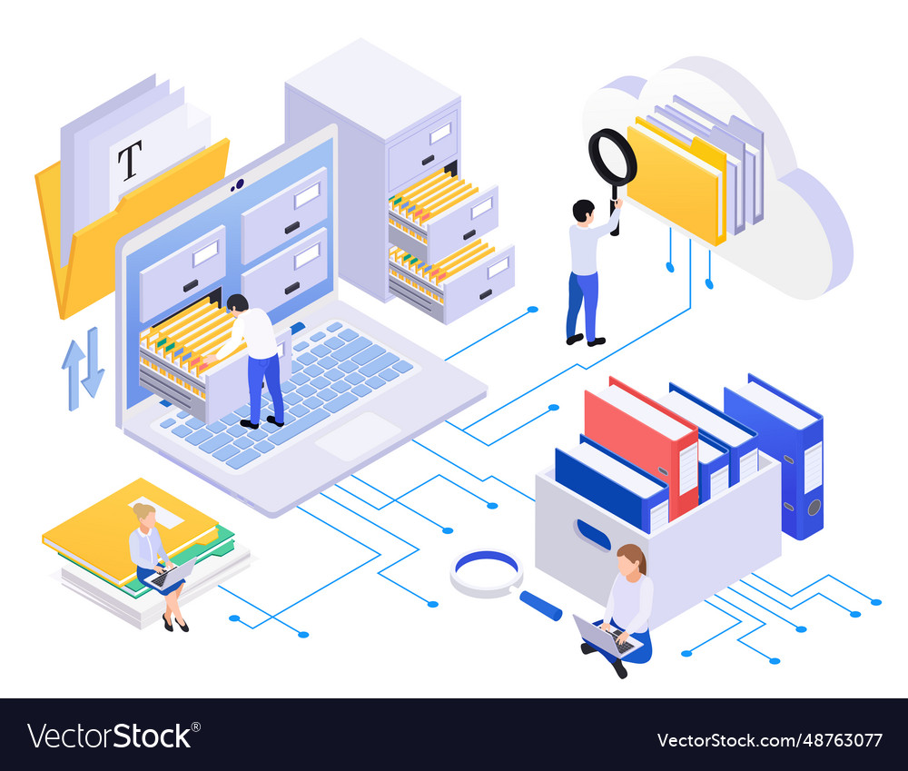 Documents processing composition Royalty Free Vector Image